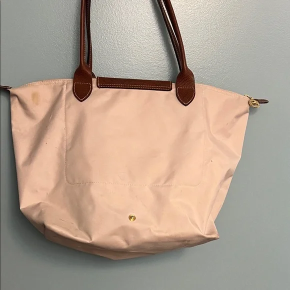 Longchamp Women's Pink Canvas Tan Tote Bag with Brown Trim - Picture 9 of 17